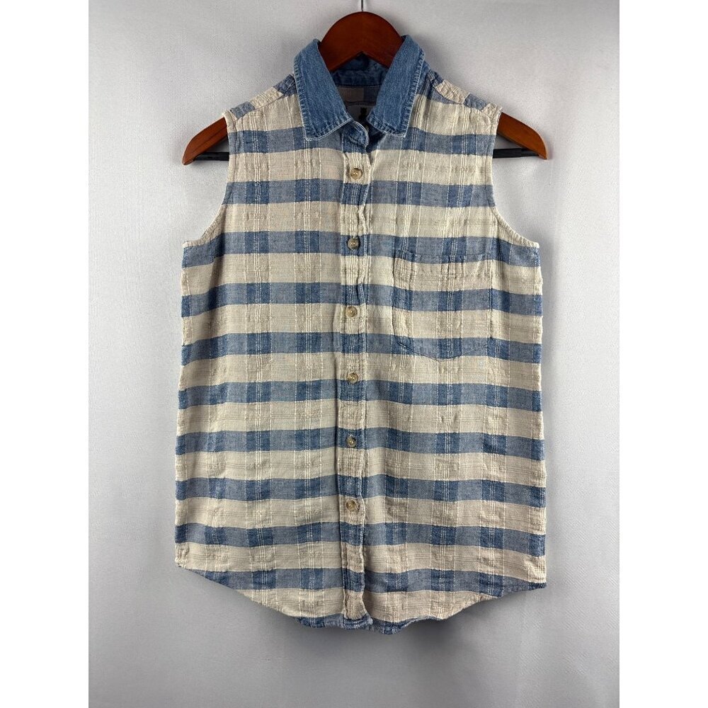 Purrfect By Krazi Kat Womens Medium Sleeveless Blue & White Plaid Button Down To